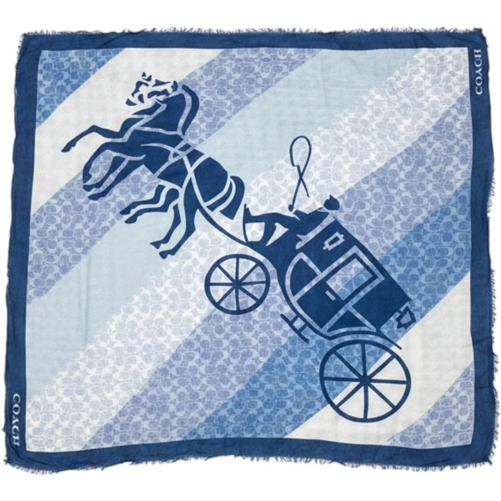 Coach Scarf Womens OS Blue Horse and Carriage Signature C Logo Square Wrap Chic